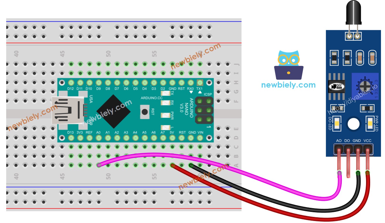 The wiring diagram between Arduino Nano and fire sensor
