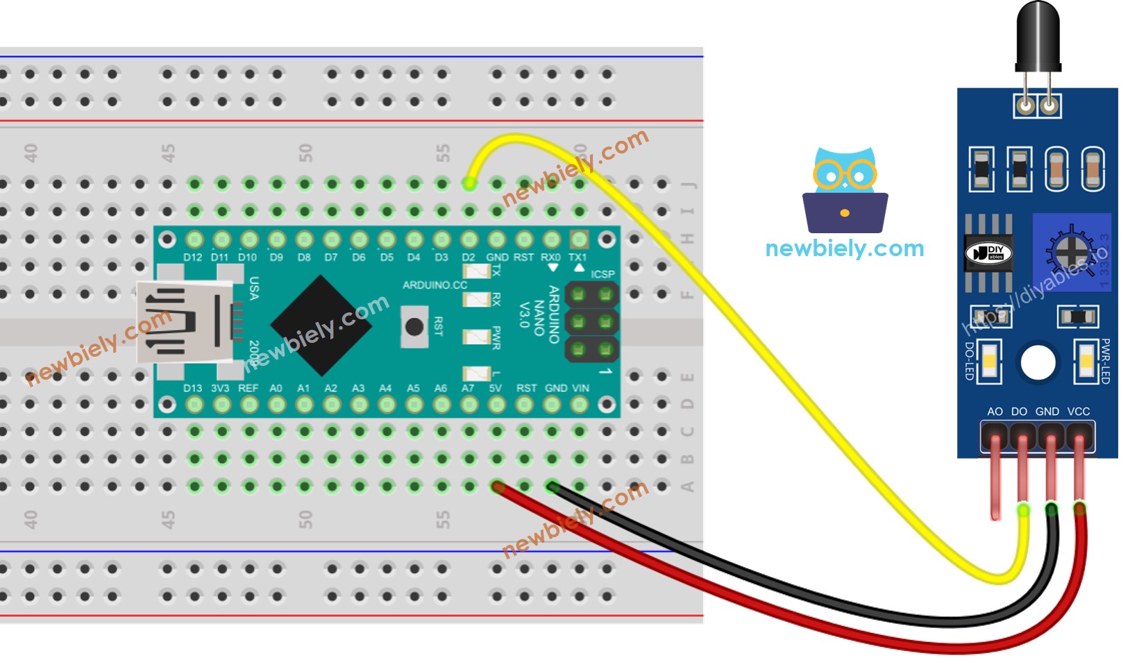 The wiring diagram between Arduino Nano and Flame Sensor