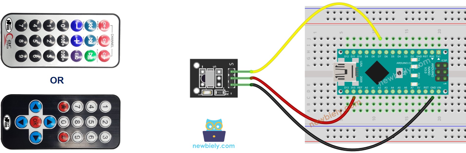 The wiring diagram between Arduino Nano and IR Remote Control