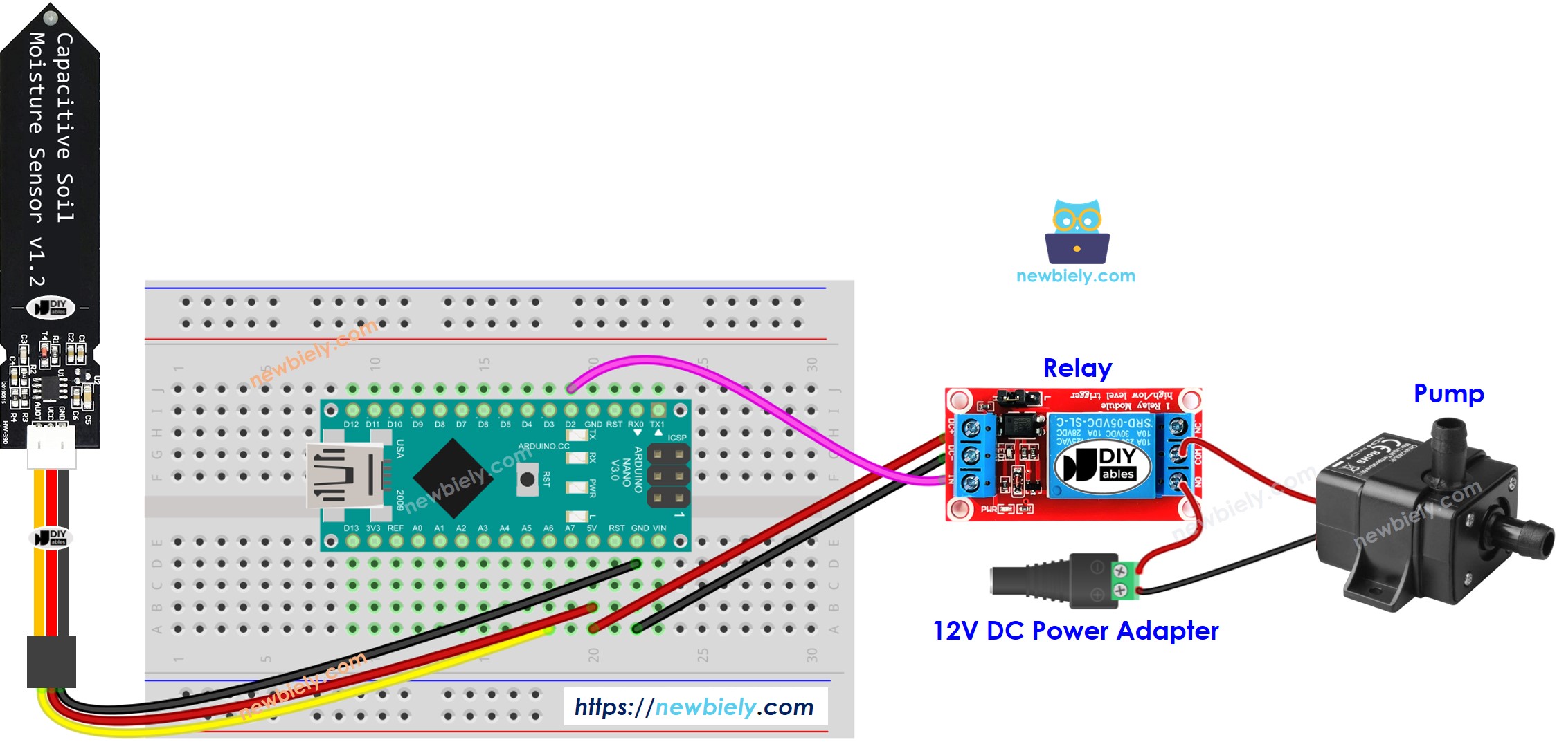 The wiring diagram between Arduino Nano and soil moisture sensor Pump