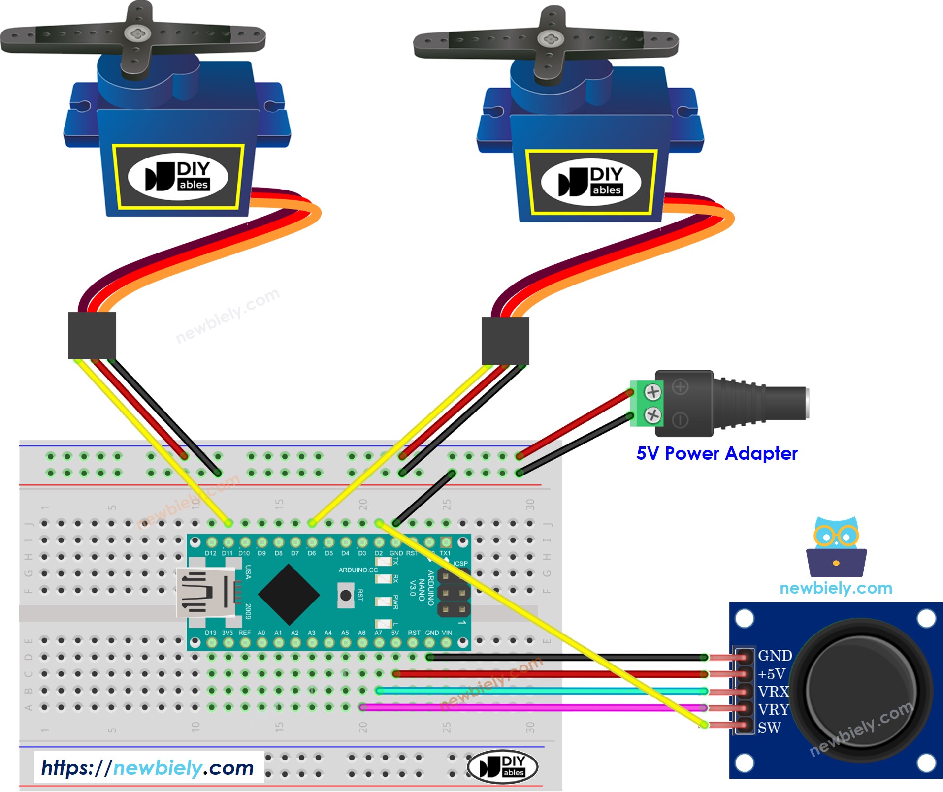 The wiring diagram between Arduino Nano and Joystick Servo Motor