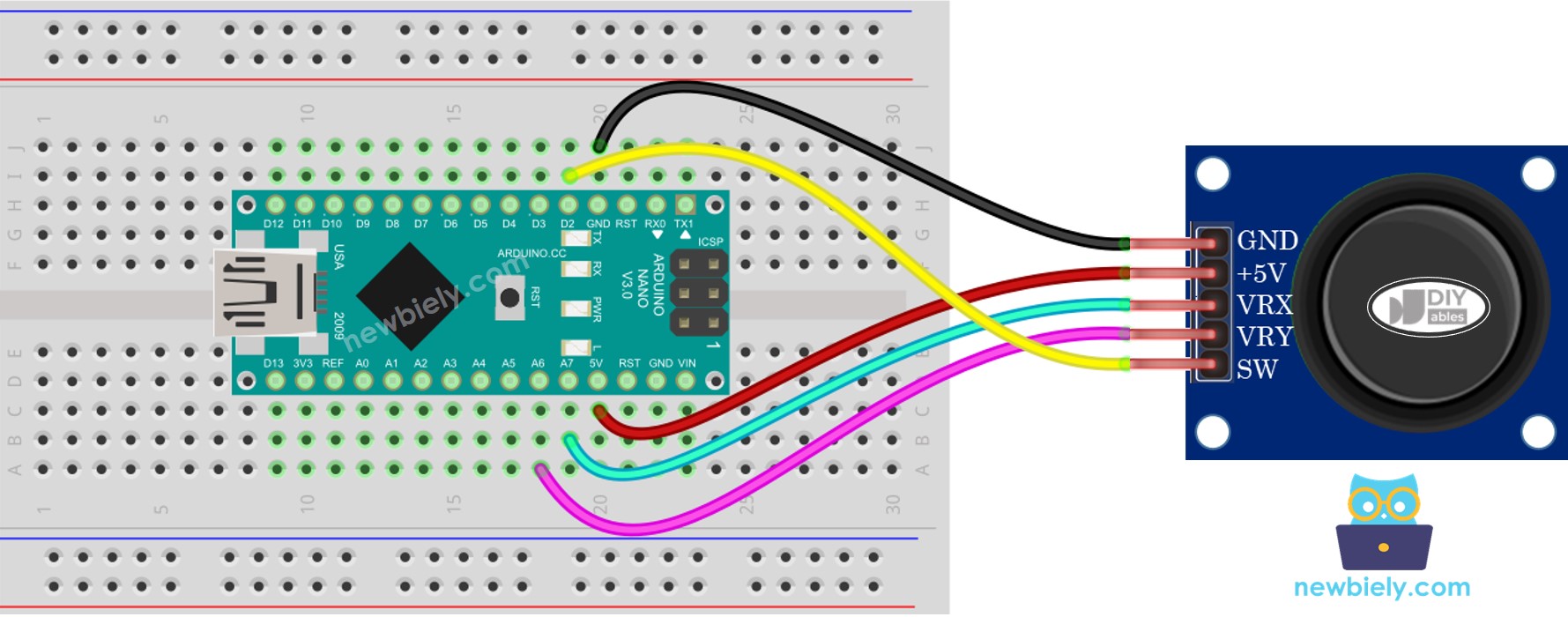 The wiring diagram between Arduino Nano and Joystick