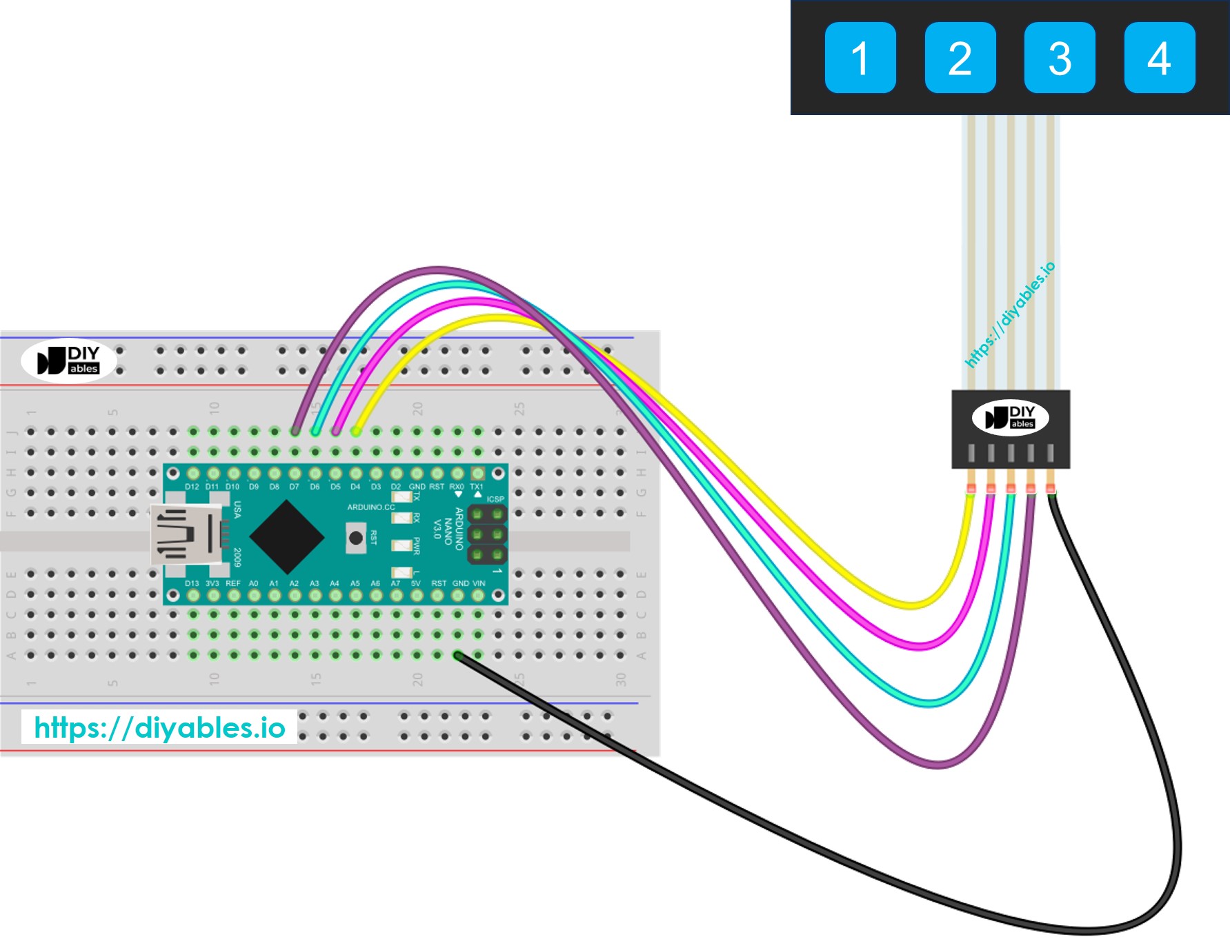 The wiring diagram between Arduino Nano and Keypad 1x4