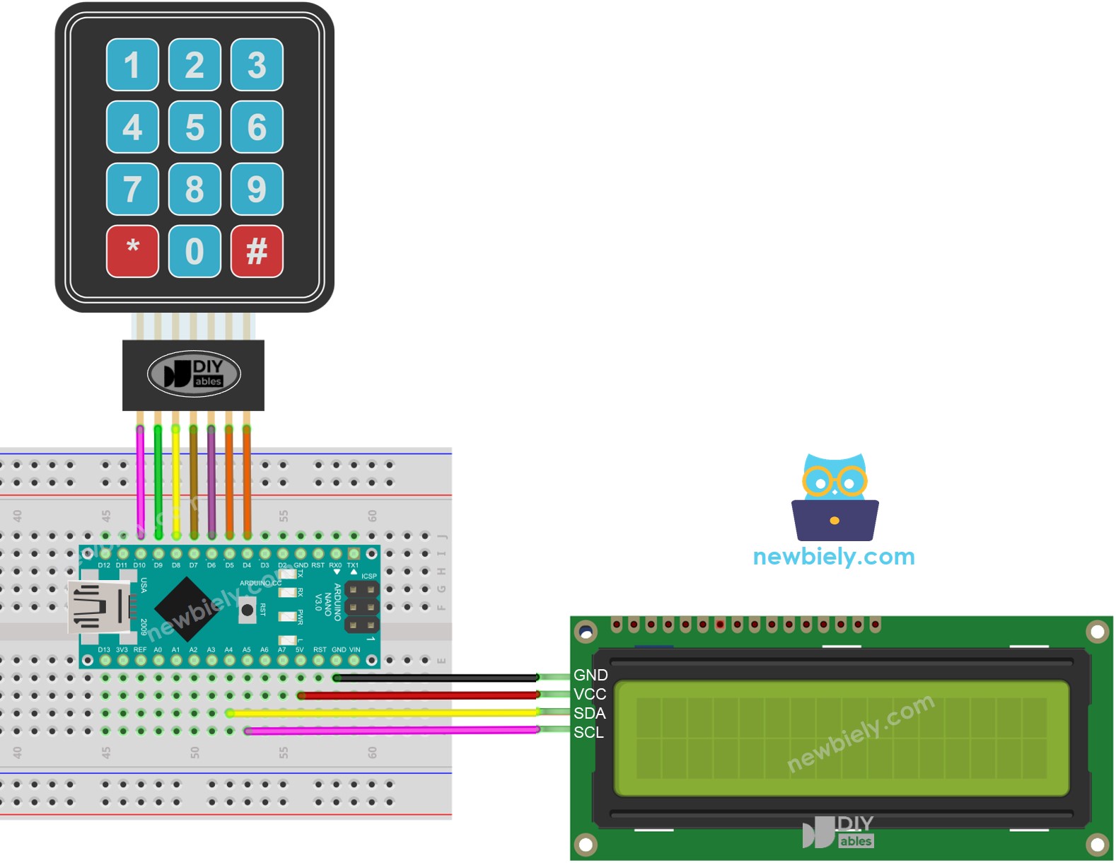 The wiring diagram between Arduino Nano and Keypad LCD