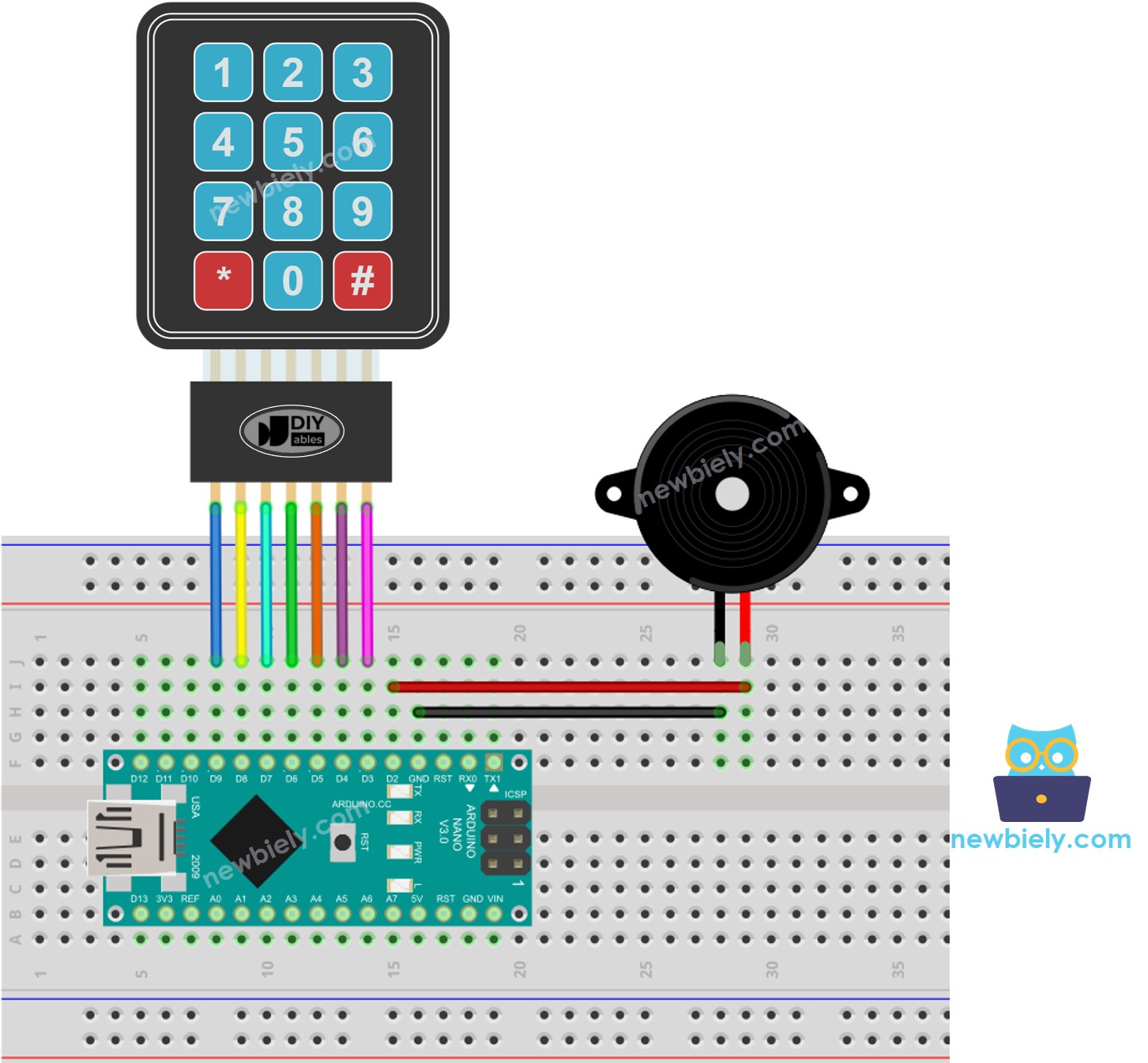 The wiring diagram between Arduino Nano and keypad piezo buzzer