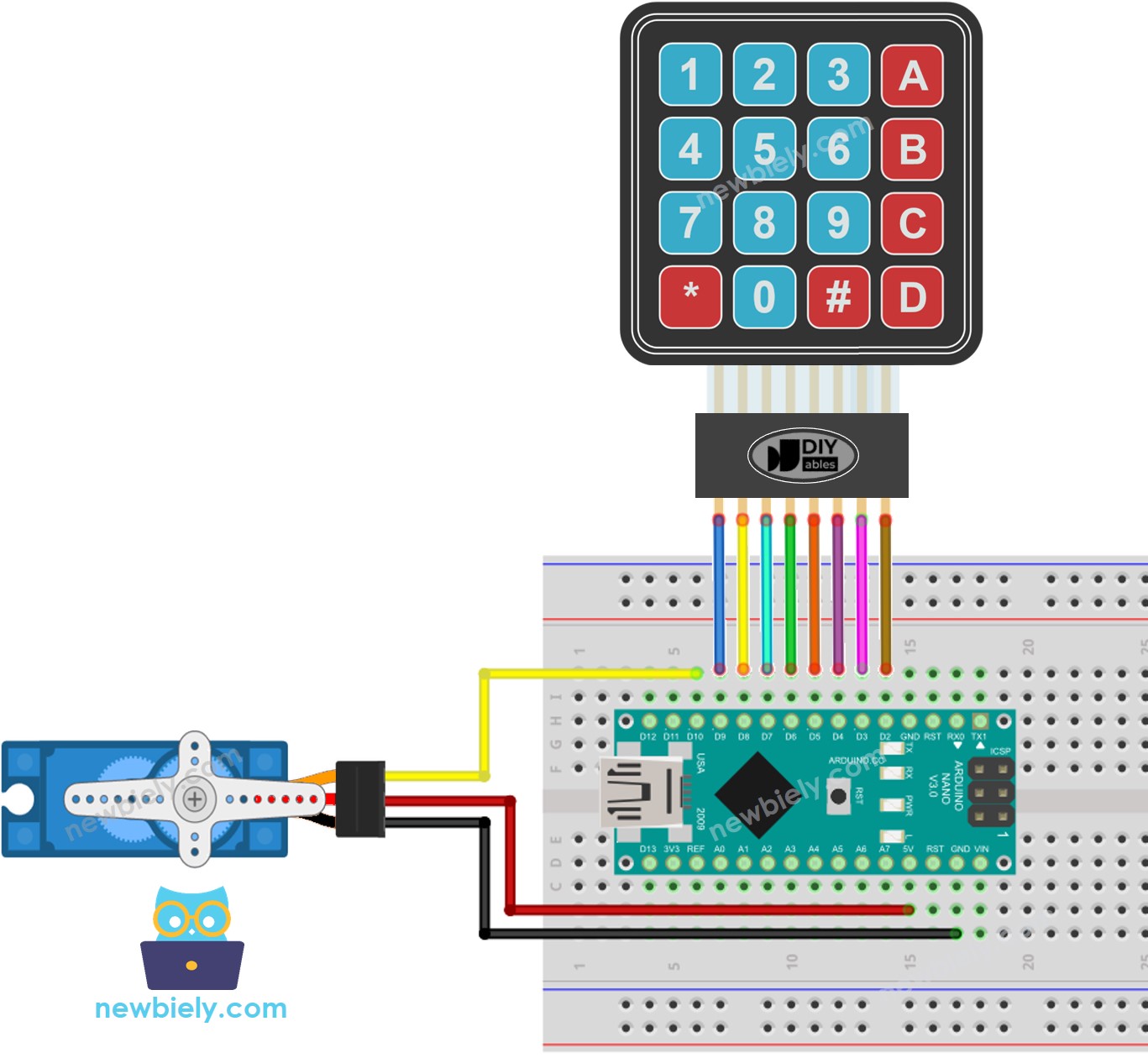 The wiring diagram between Arduino Nano and keypad servo motor
