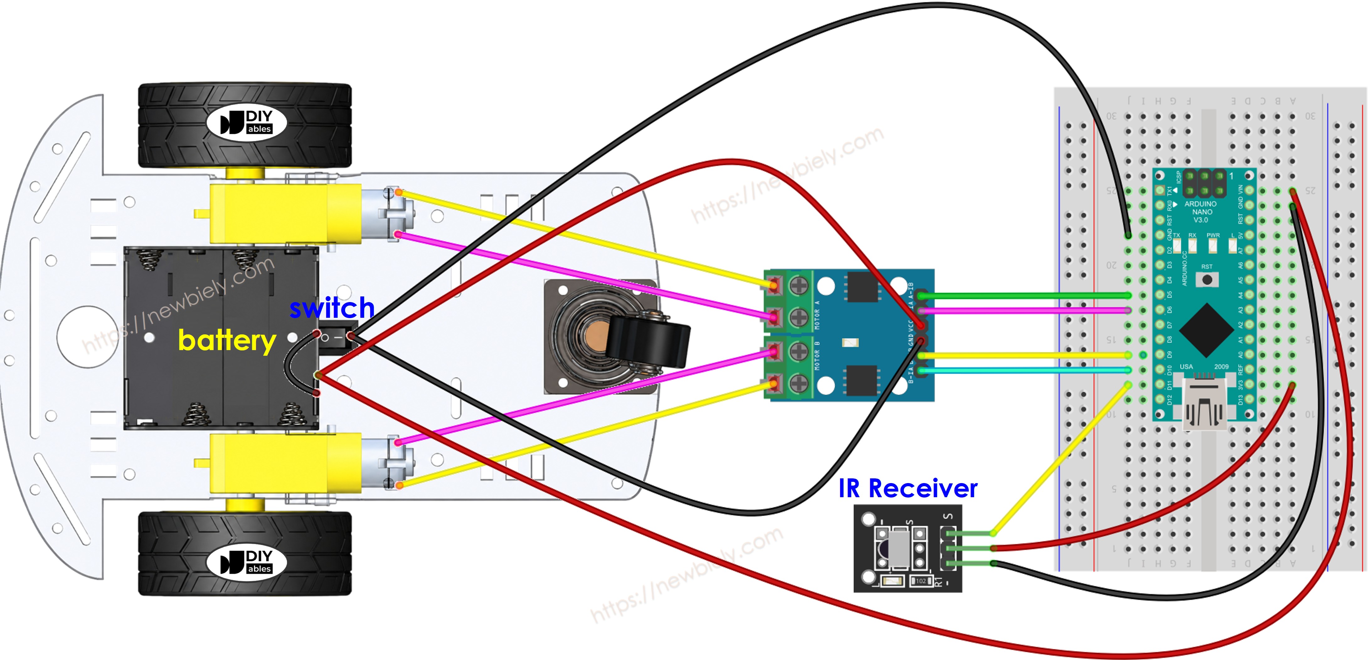 The wiring diagram between Arduino Nano and 2WD car