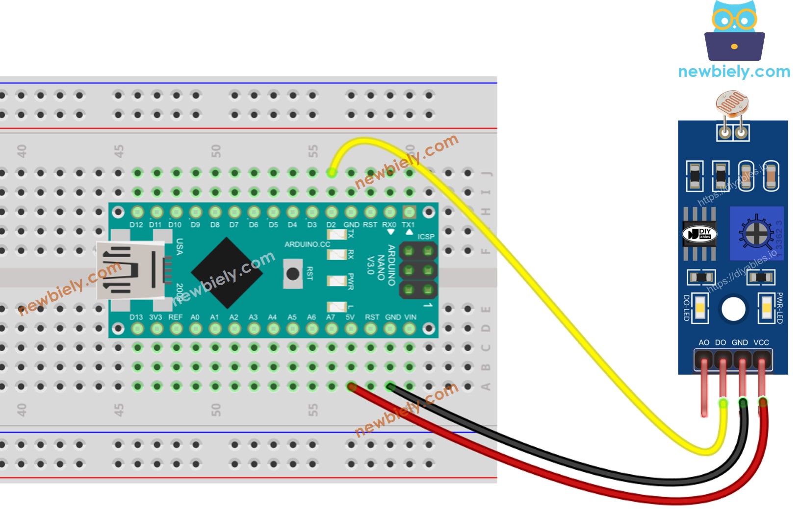 The wiring diagram between Arduino Nano and LDR Light Sensor Module