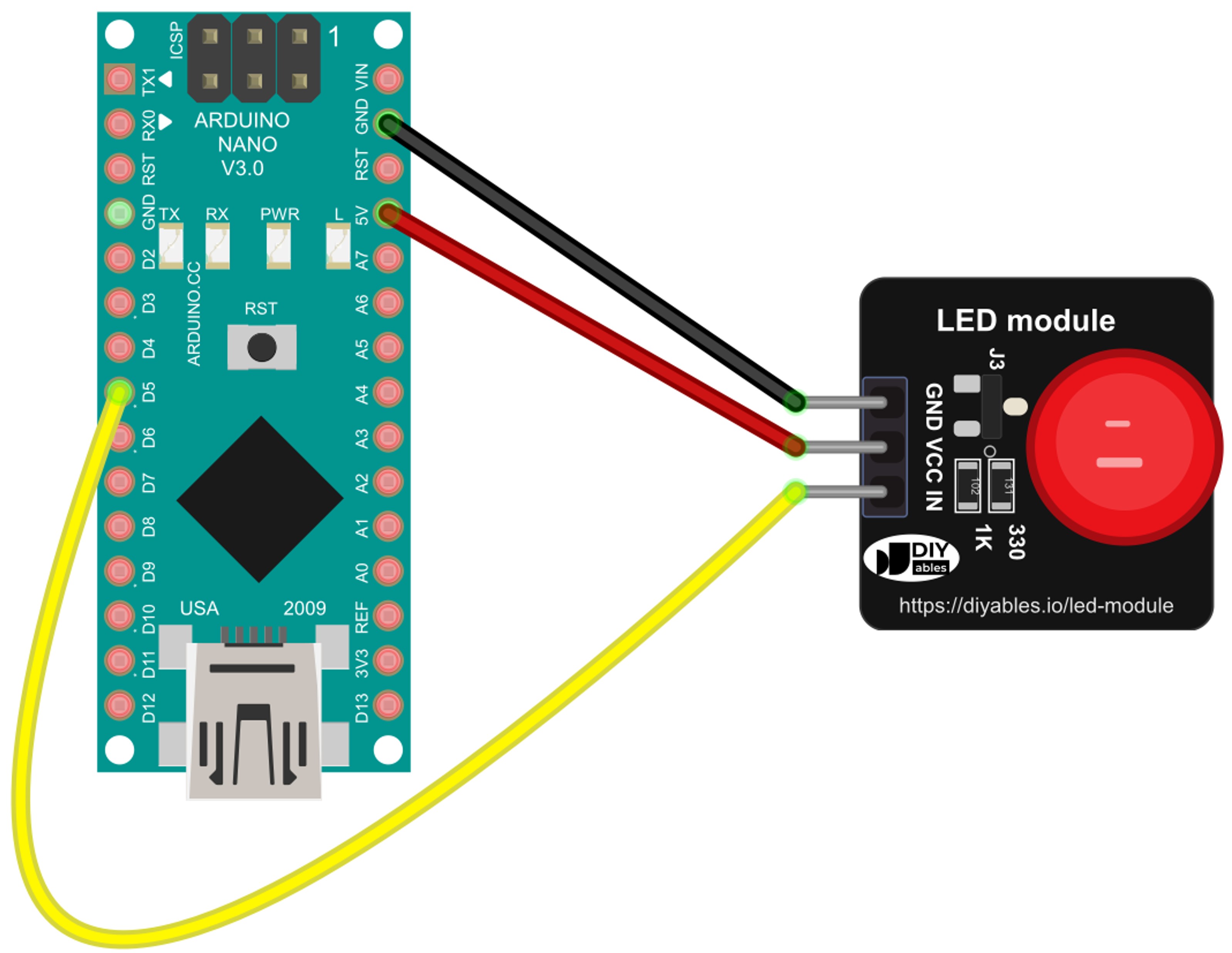 The wiring diagram between Arduino Nano and LED module