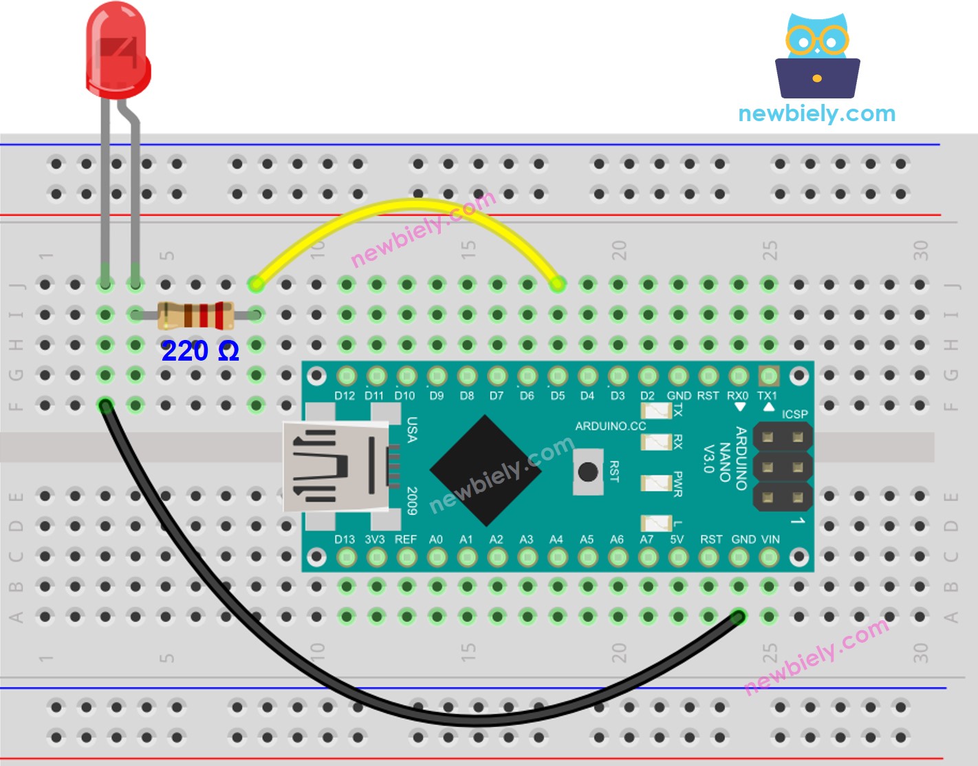 The wiring diagram between Arduino Nano and LED