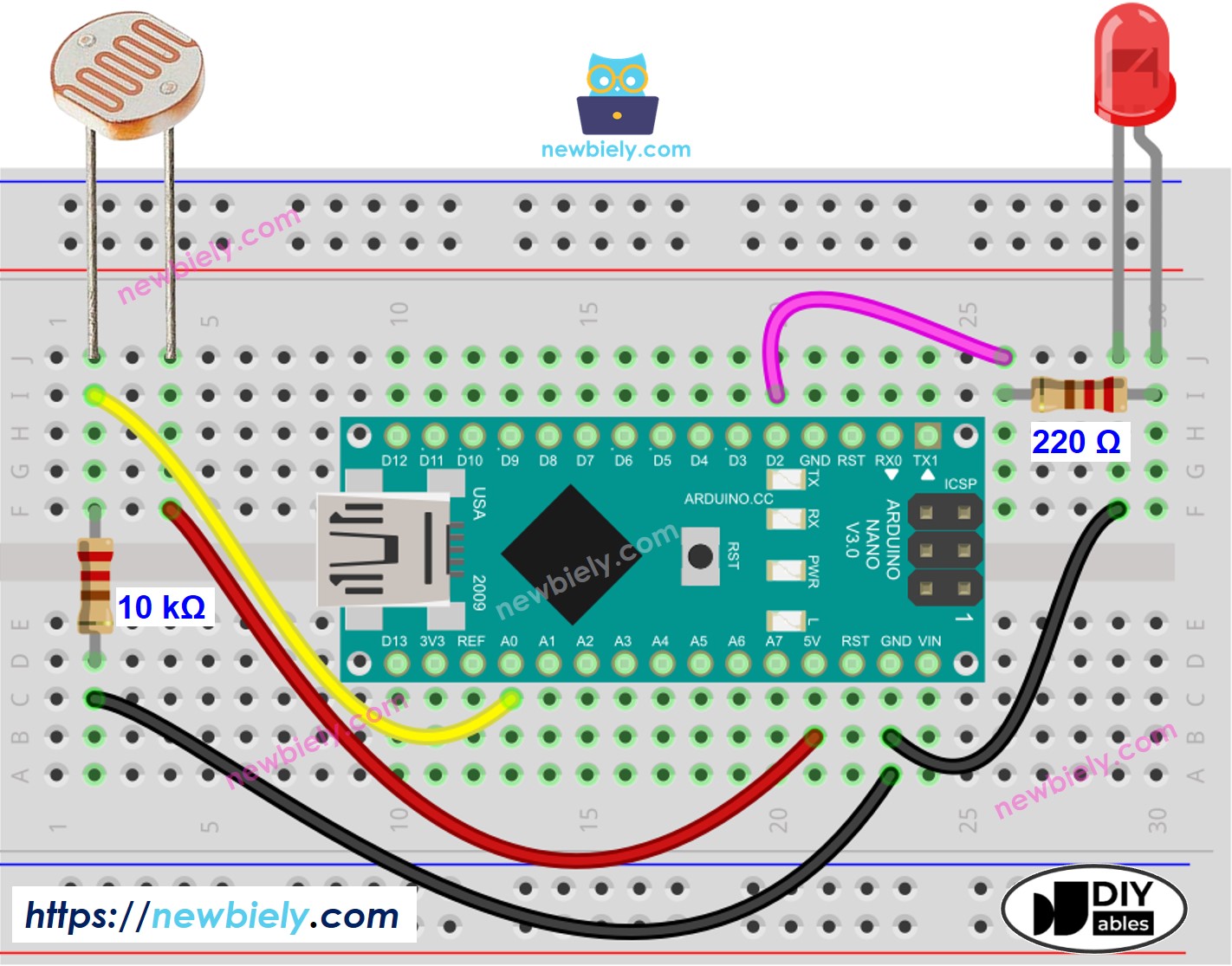 The wiring diagram between Arduino Nano and Light Sensor LED