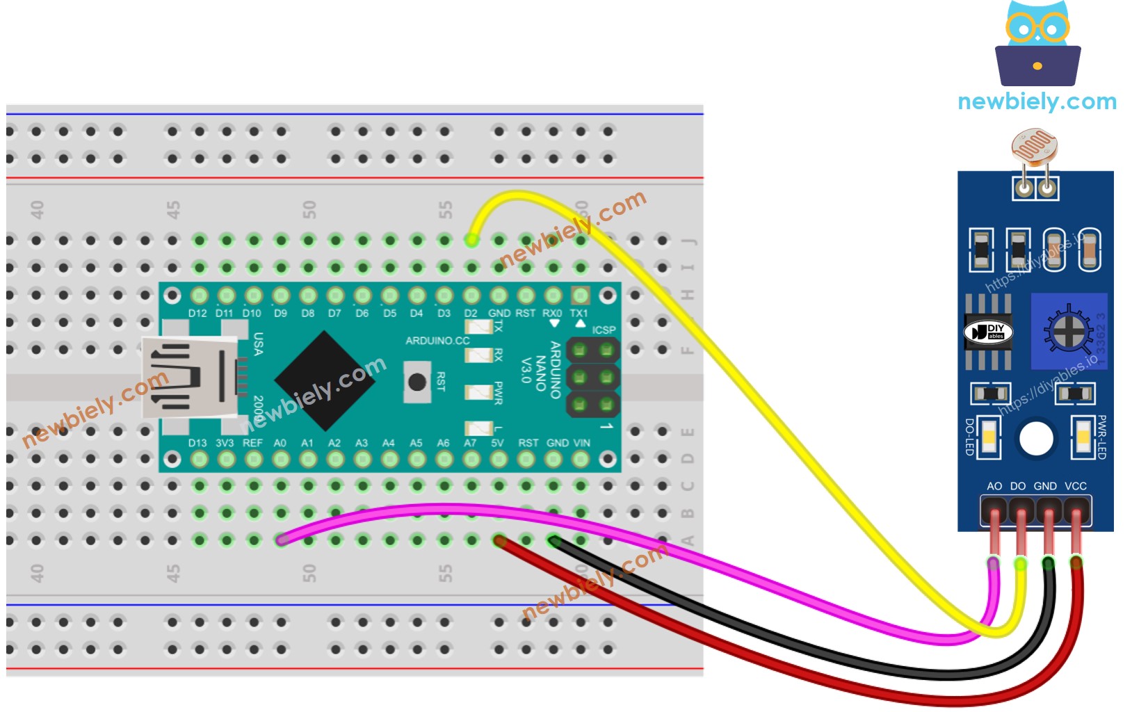The wiring diagram between Arduino Nano and Light Sensor Module