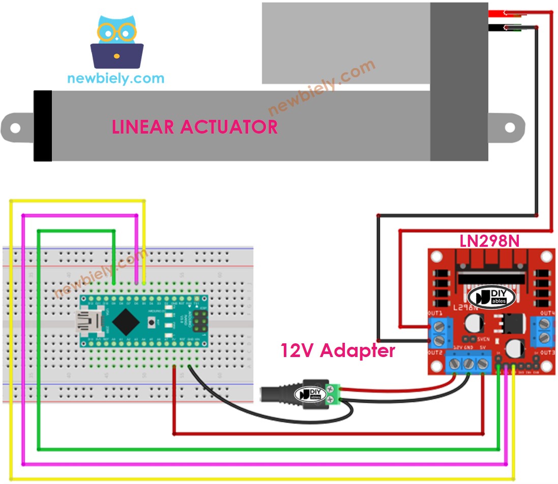 The wiring diagram between Arduino Nano and Linear Actuator L298N Driver