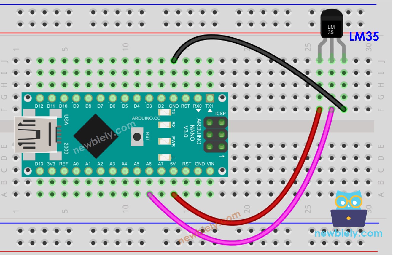 The wiring diagram between Arduino Nano and LM35 temperature sensor