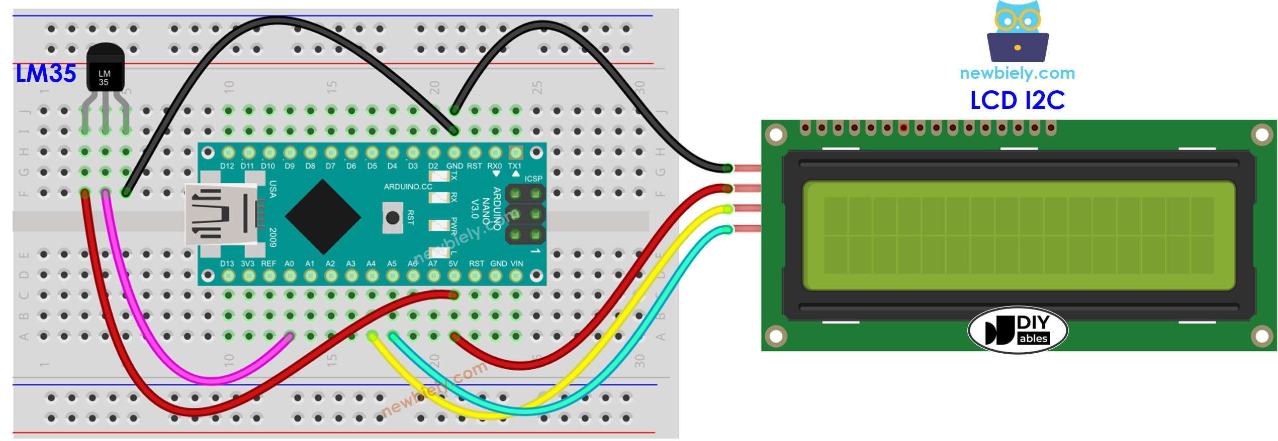 The wiring diagram between Arduino Nano and LM35 Temperature Sensor LCD