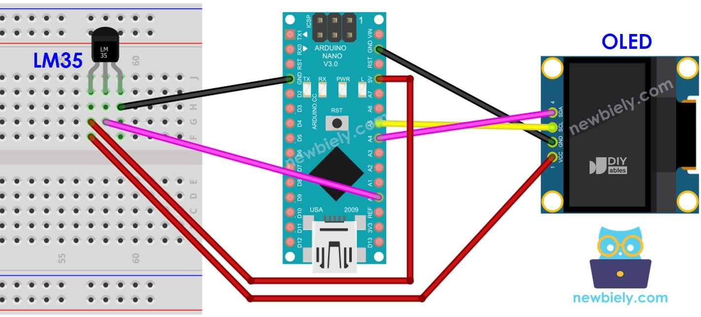 The wiring diagram between Arduino Nano and LM35 Temperature Sensor OLED