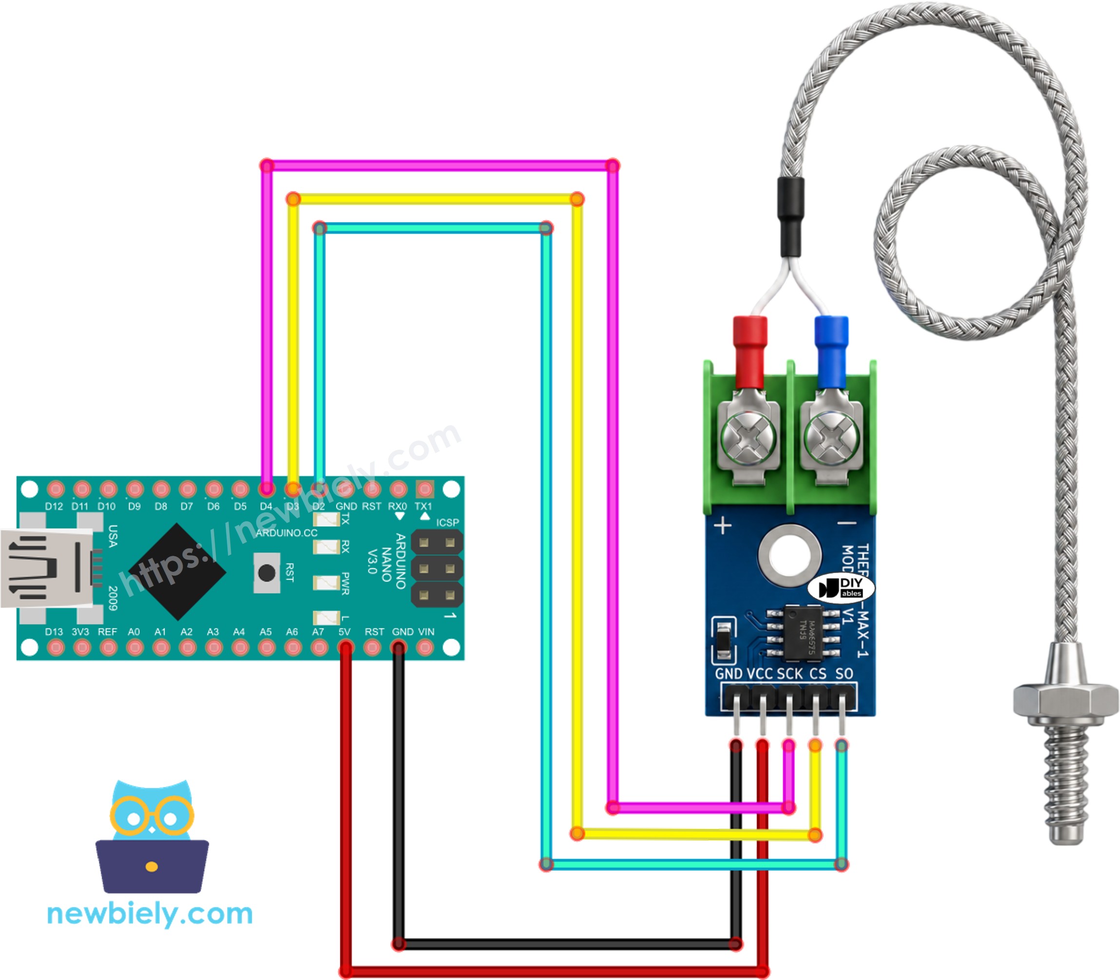 The wiring diagram between Arduino Nano and MAX6675 thermocouple module