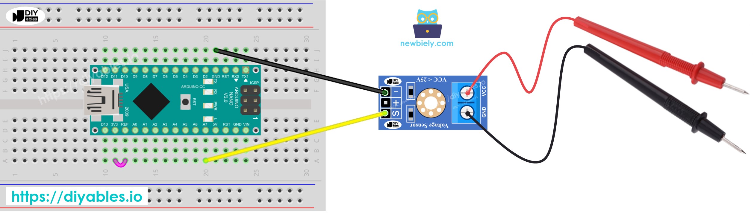 The wiring diagram between Arduino Nano and measures voltage