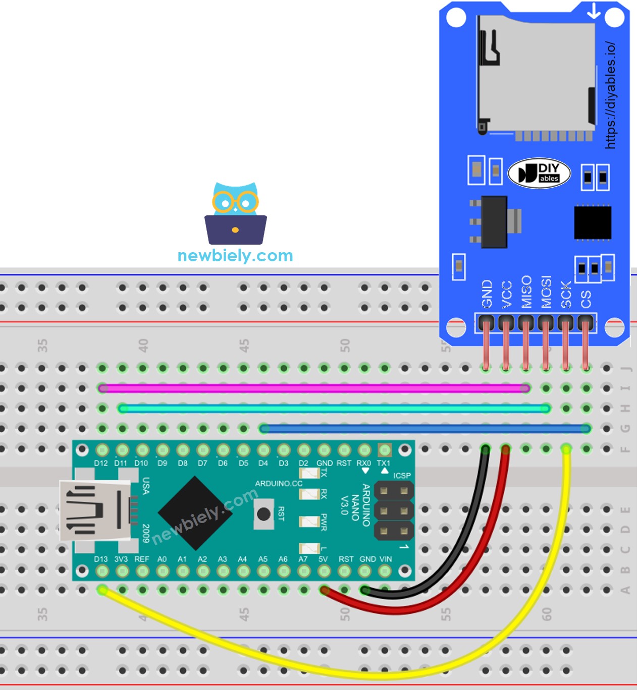 The wiring diagram between Arduino Nano and Micro SD Card Module