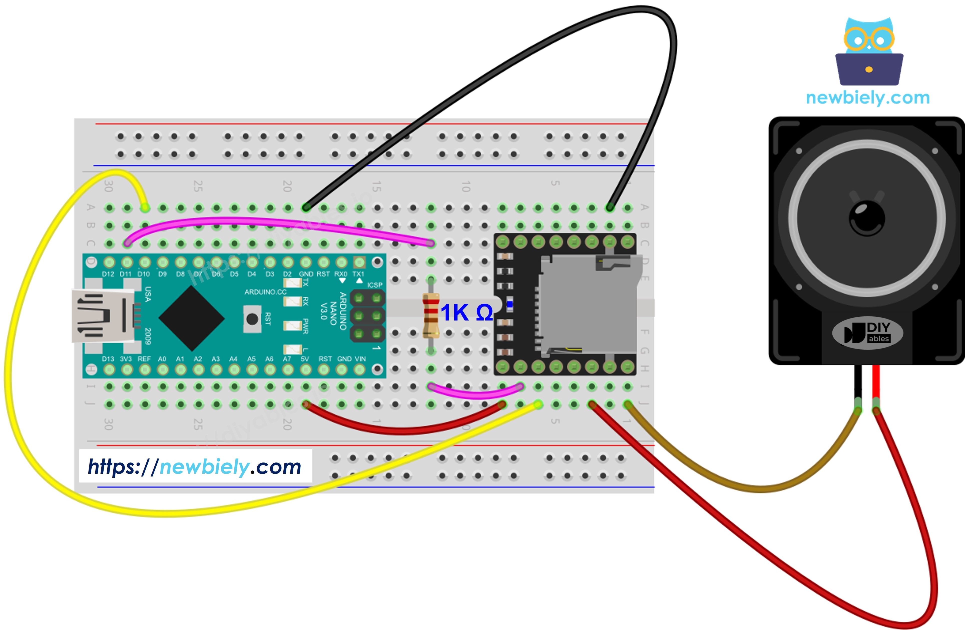 The wiring diagram between Arduino Nano and Mini Mp3 Player