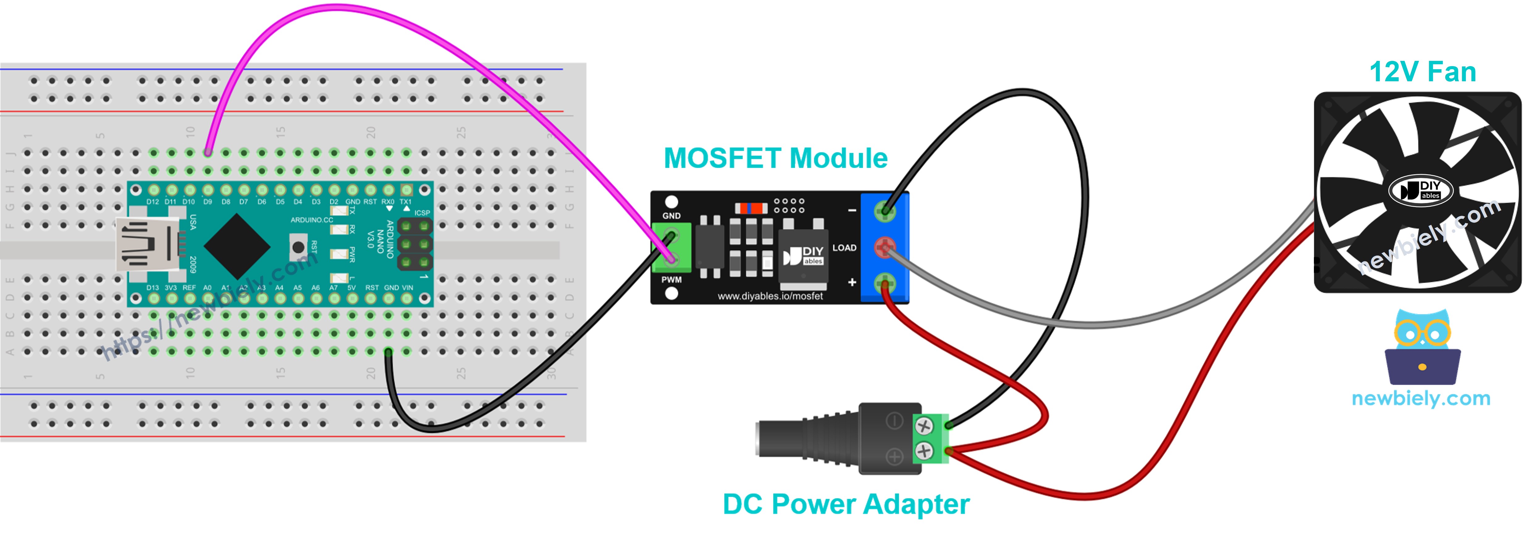 Wiring diagram of a 12V cooling fan and MOSFET module