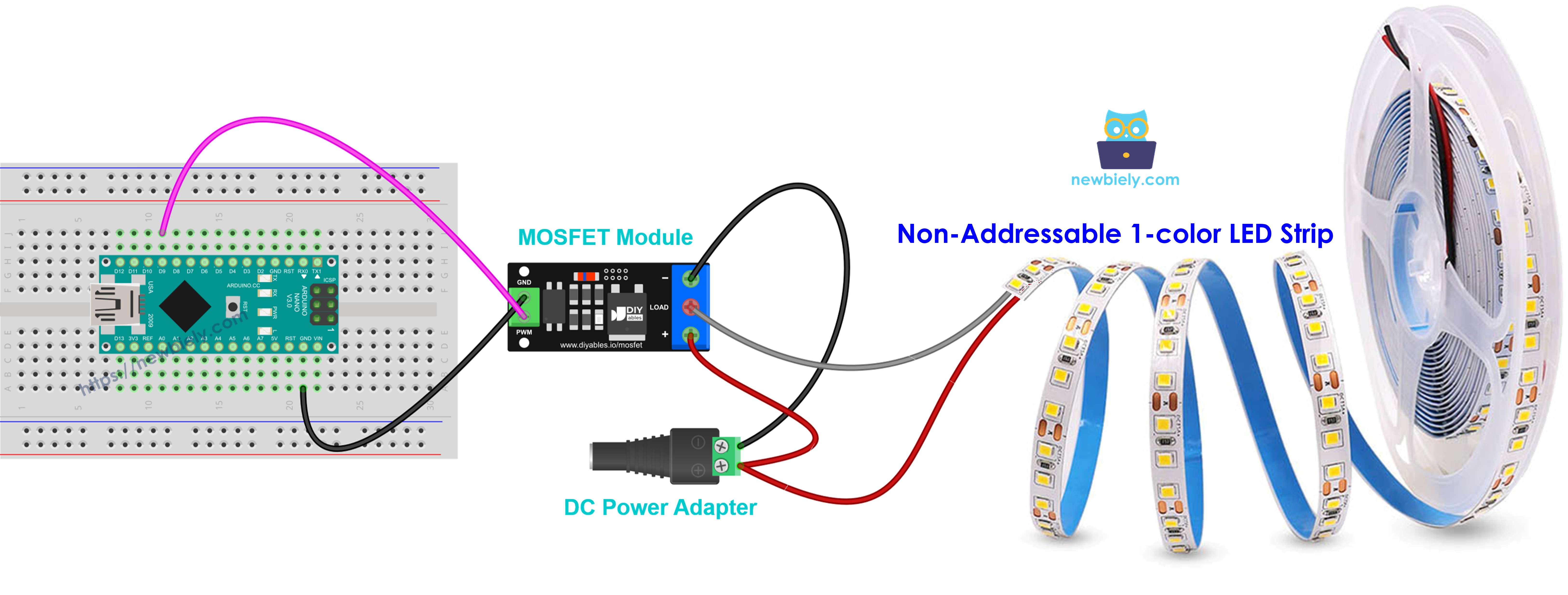 The wiring diagram between MOSFET module with a 12V LED strip