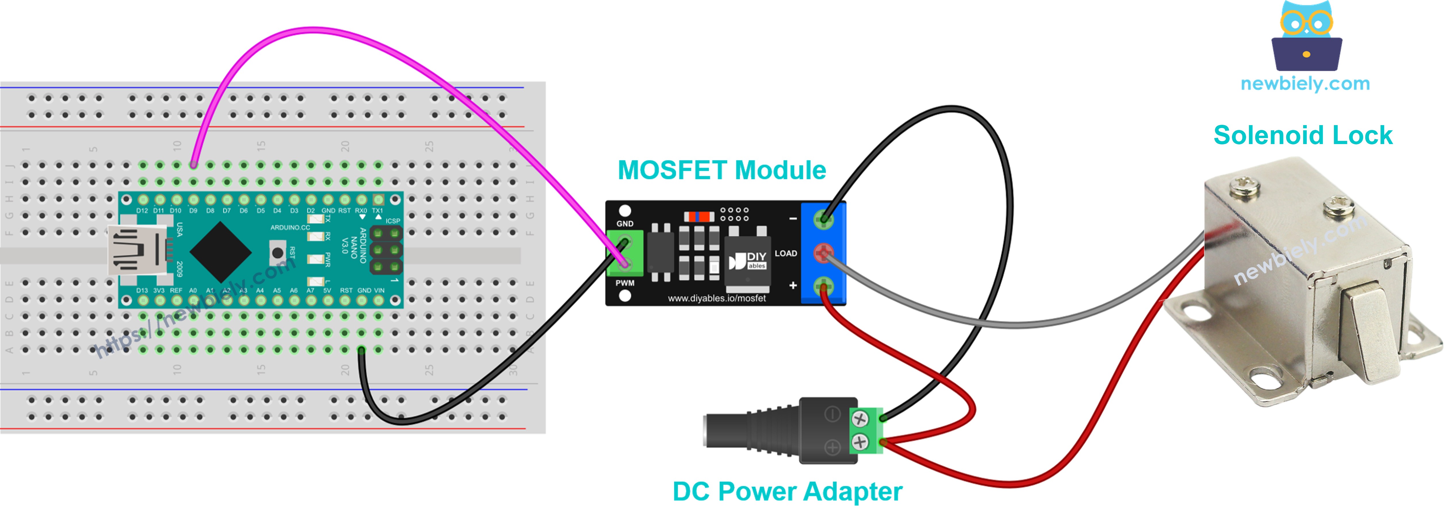 The wiring diagram between Solenoid lock with the MOSFET module