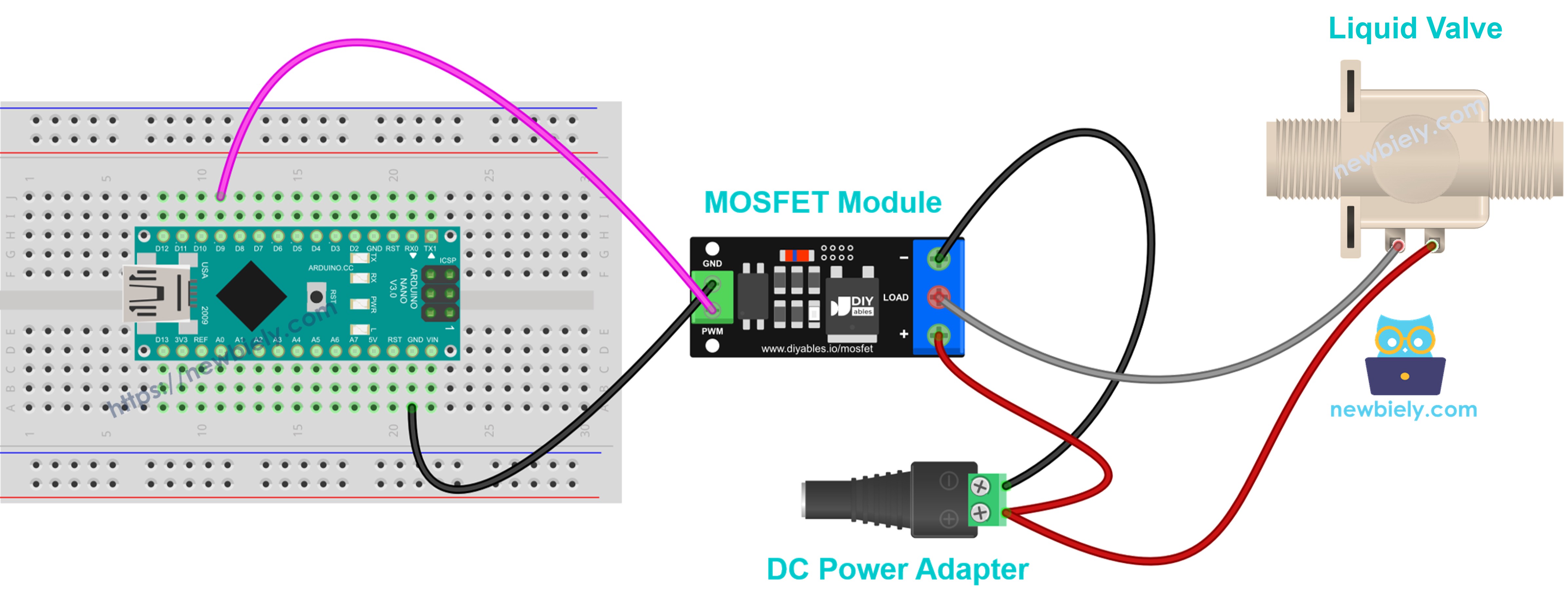 MOSFET module wiring for a normally closed 12V solenoid valve