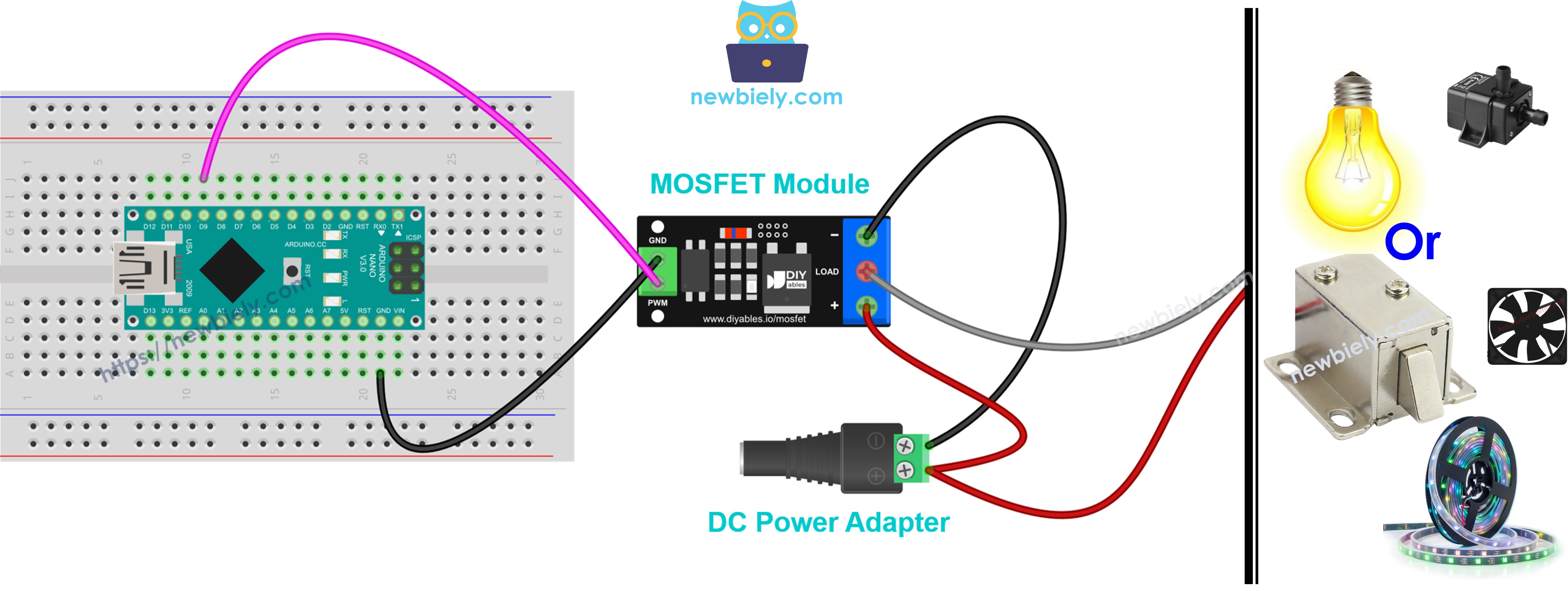 The wiring diagram between Arduino Nano and with AOD4184, LR7843 or FR120N MOSFET module