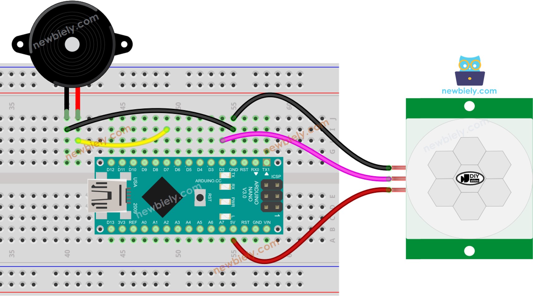 The wiring diagram between Arduino Nano and Motion Sensor Piezo Buzzer