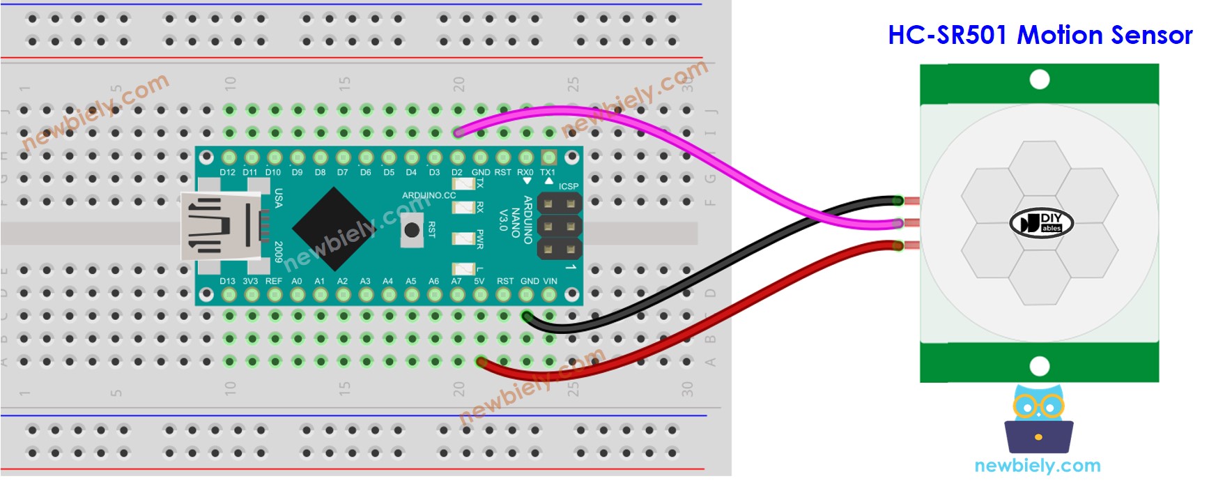 The wiring diagram between Arduino Nano and Motion Sensor