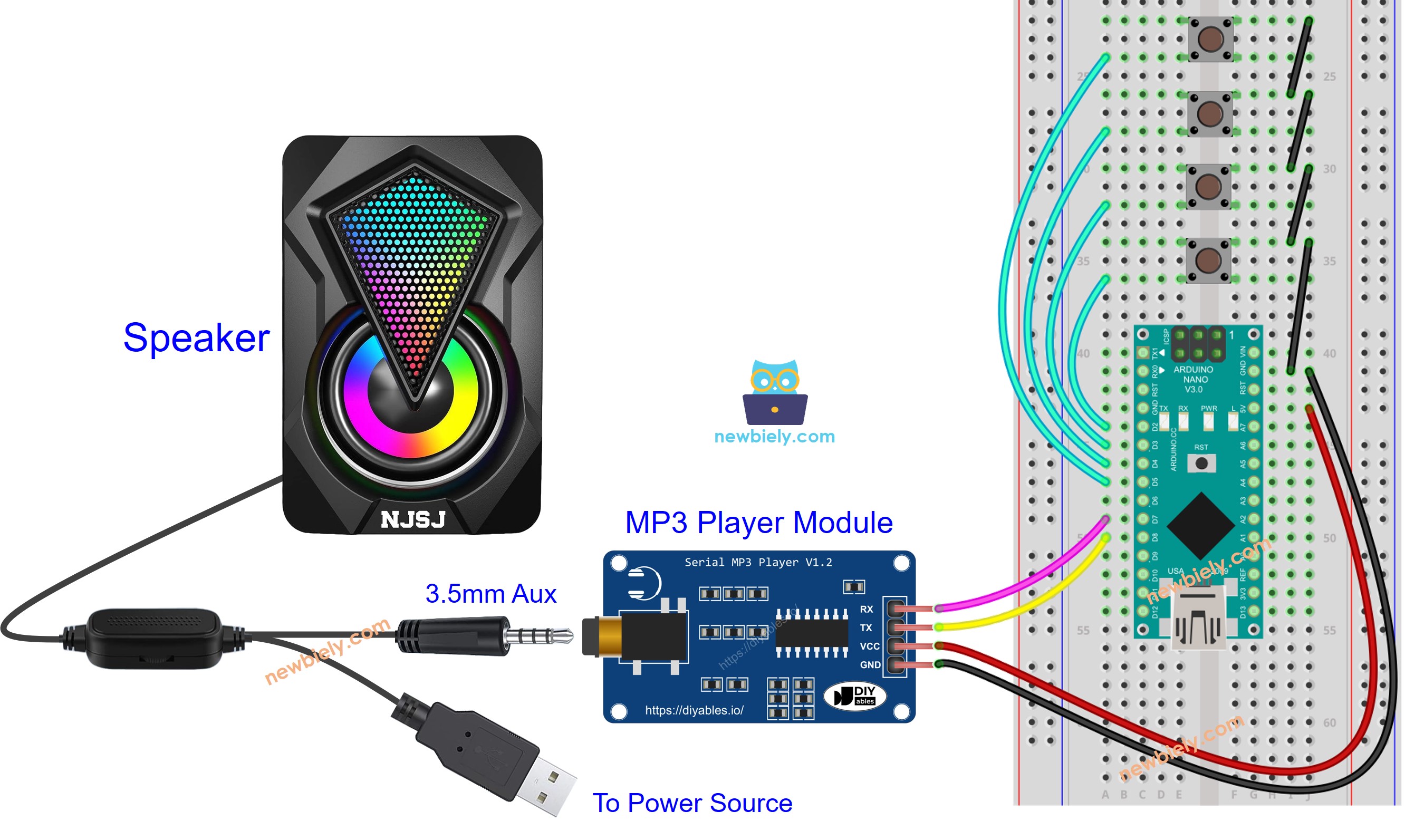 The wiring diagram between Arduino Nano and MP3 player speaker