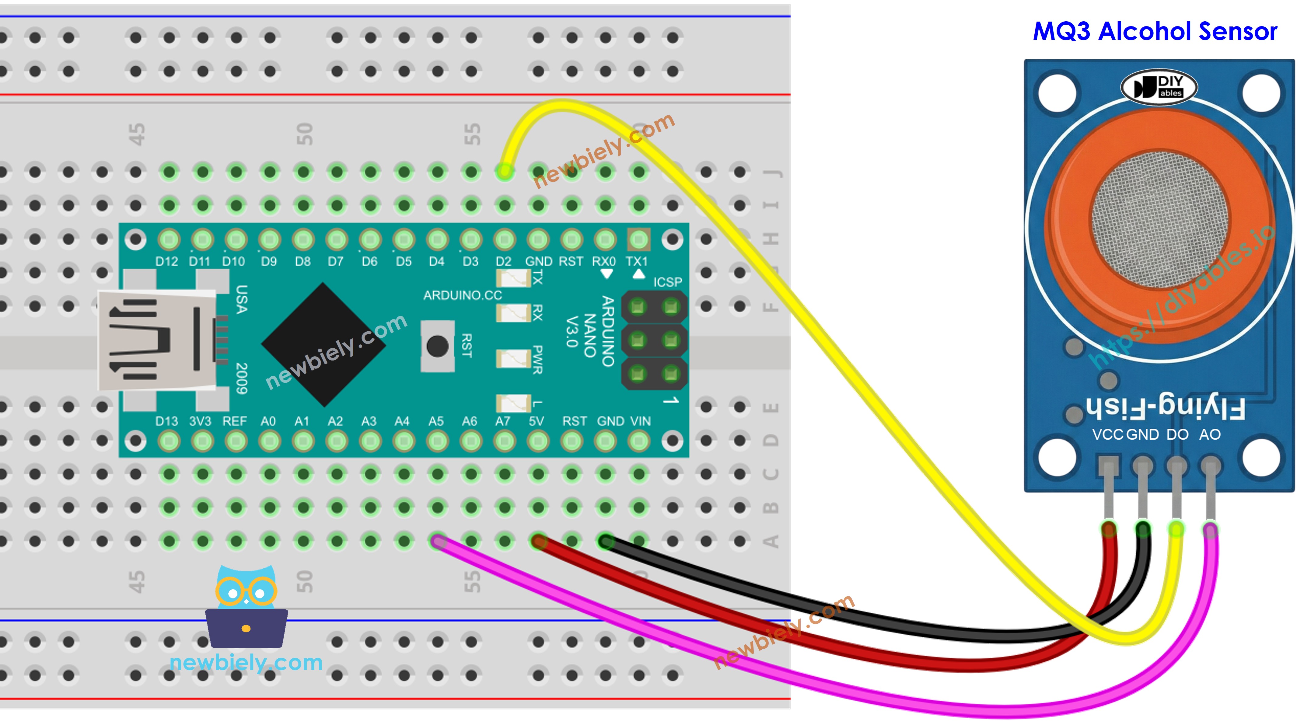 The wiring diagram between Arduino Nano and and MQ3 alcohol sensor showing pin connections