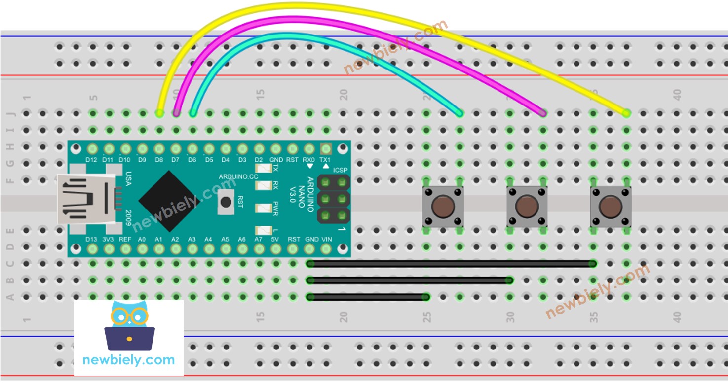 The wiring diagram between Arduino Nano and multiple buttons