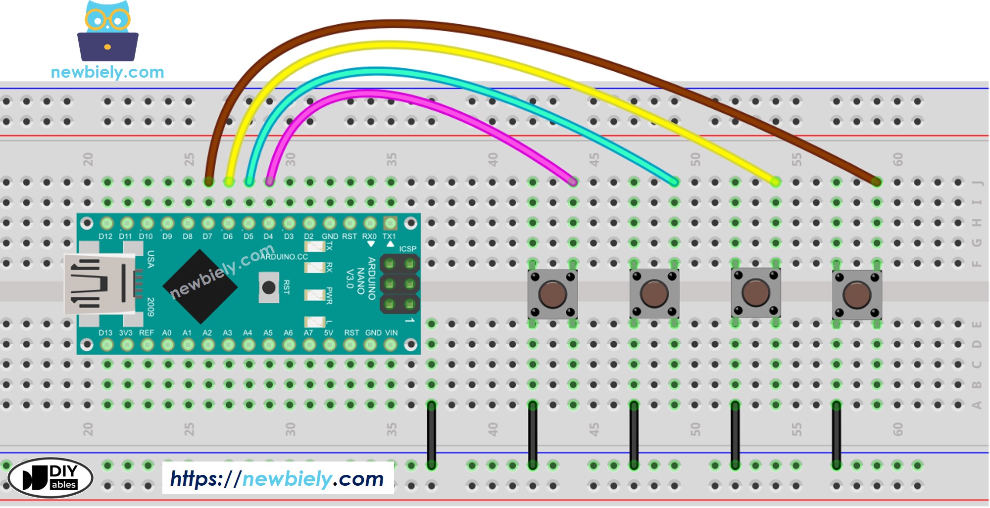 The wiring diagram between Arduino Nano and multiple button