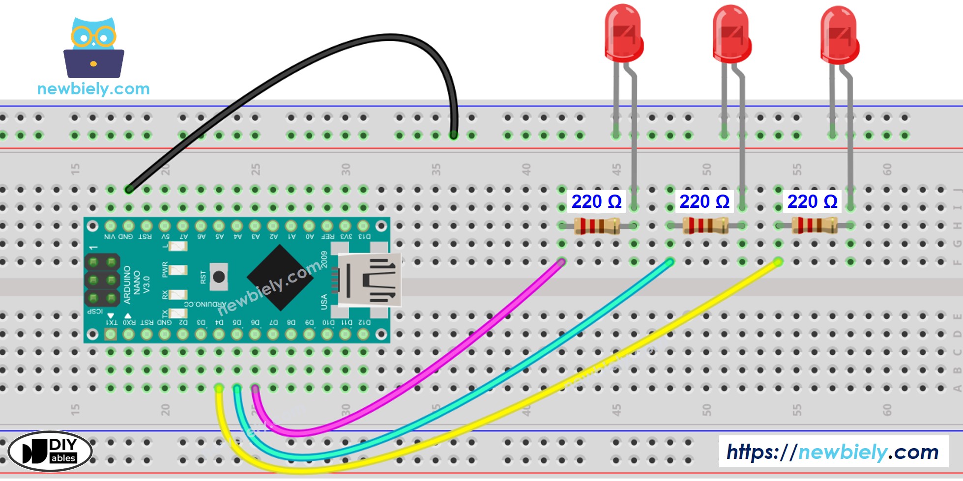 The wiring diagram between Arduino Nano and multiple LED