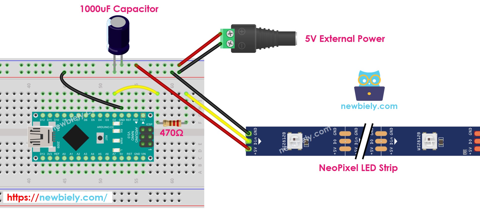 The wiring diagram between Arduino Nano and NeoPixel RGB LED strip