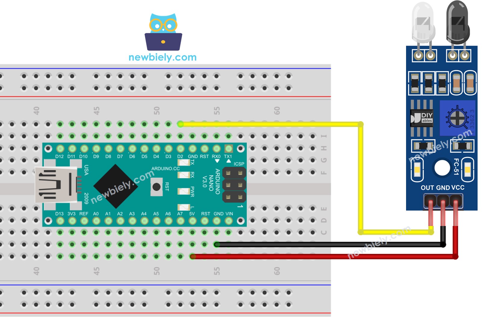 The wiring diagram between Arduino Nano and IR Obstacle Avoidance Sensor