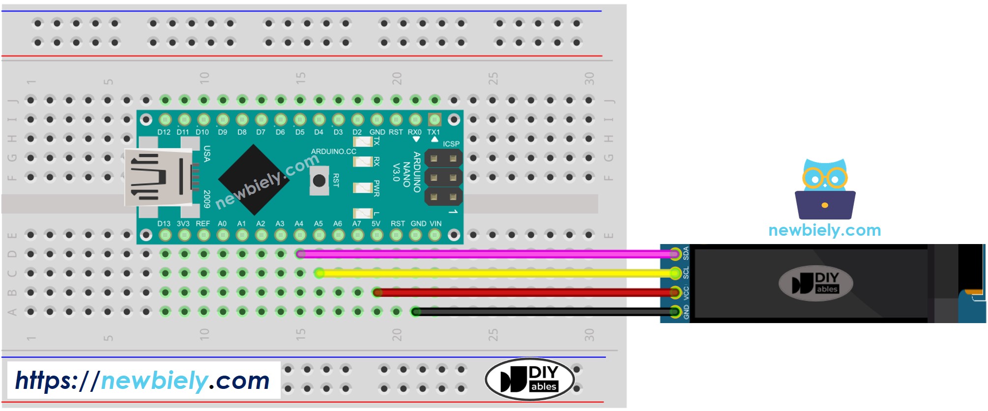 The wiring diagram between Arduino Nano and OLED 128x32