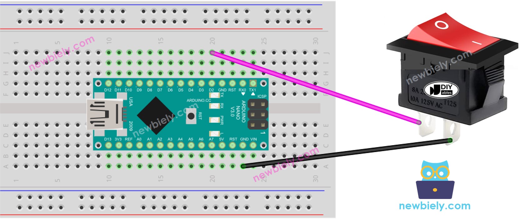 The wiring diagram between Arduino Nano and ON/OFF Switch