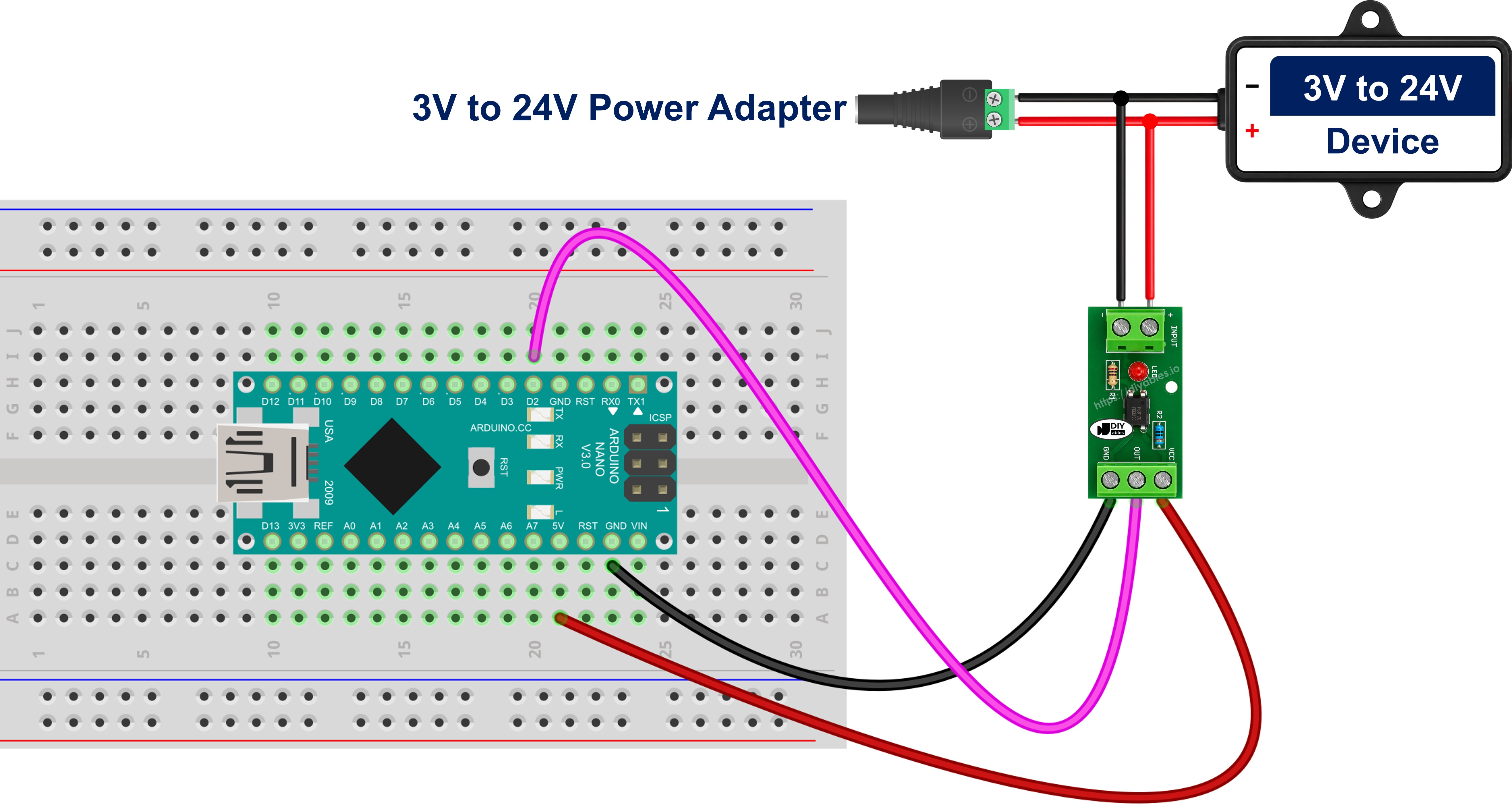 The wiring diagram between Arduino Nano and PC817 optocoupler isolation module