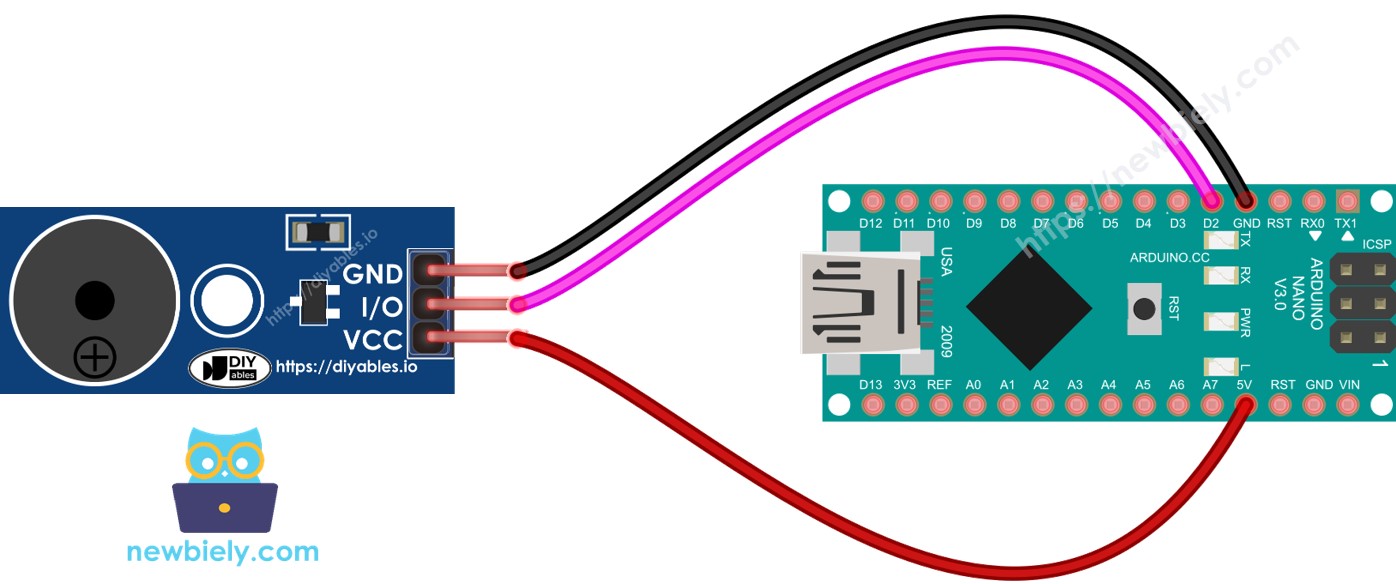 The wiring diagram between Arduino Nano and Piezo Buzzer module