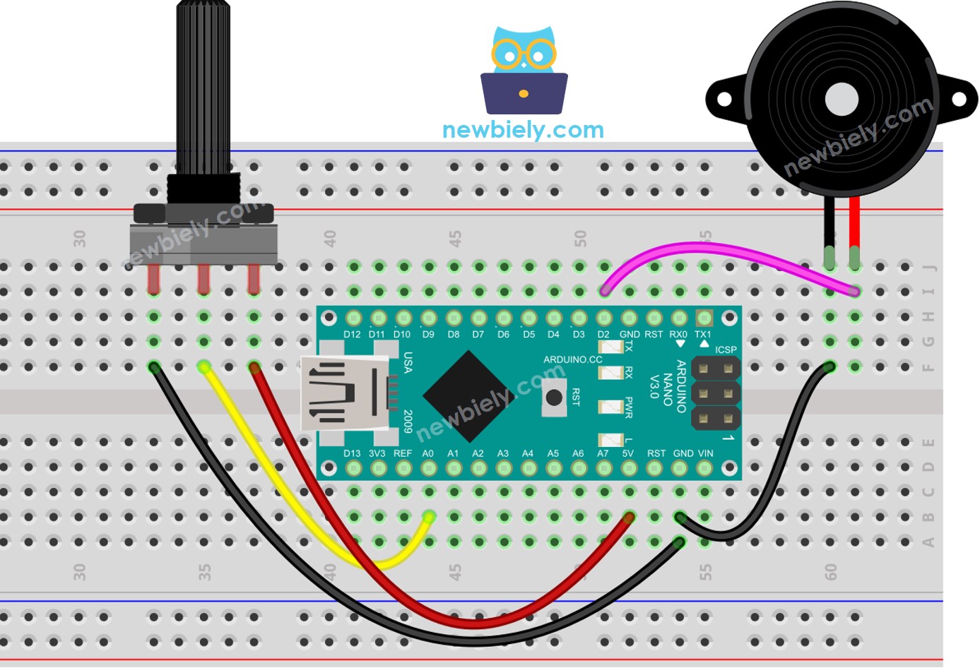 The wiring diagram between Arduino Nano and Potentiometer Piezo Buzzer