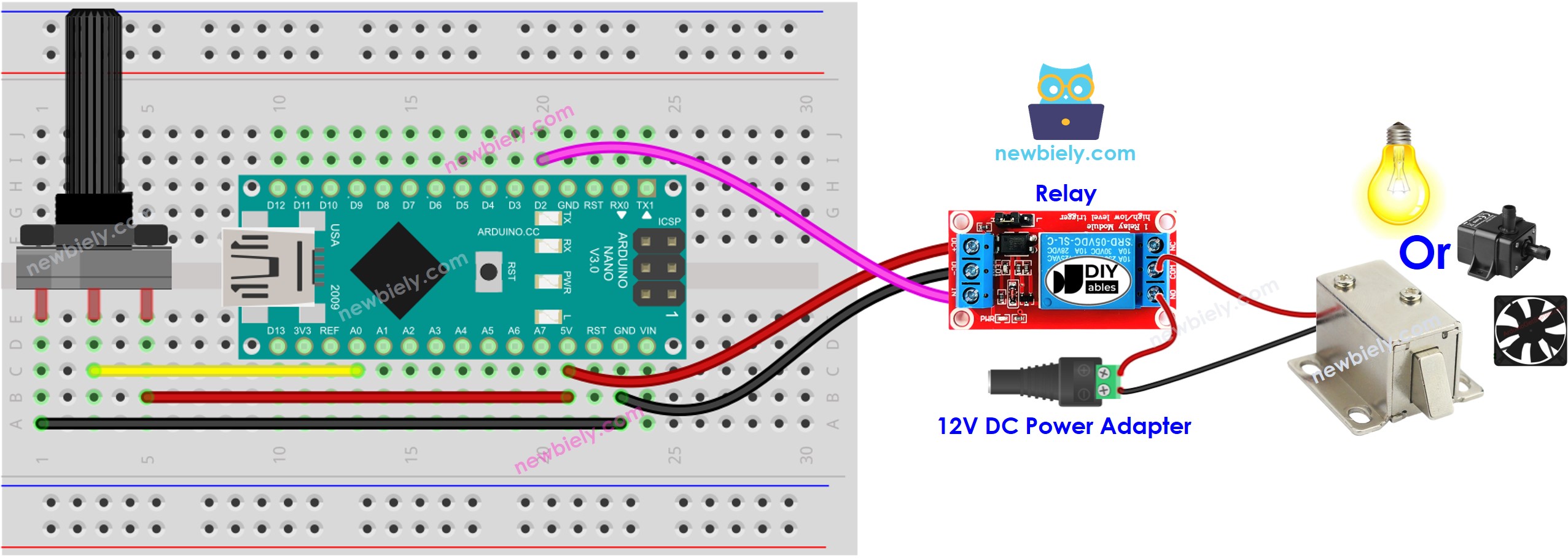 The wiring diagram between Arduino Nano and Potentiometer Relay