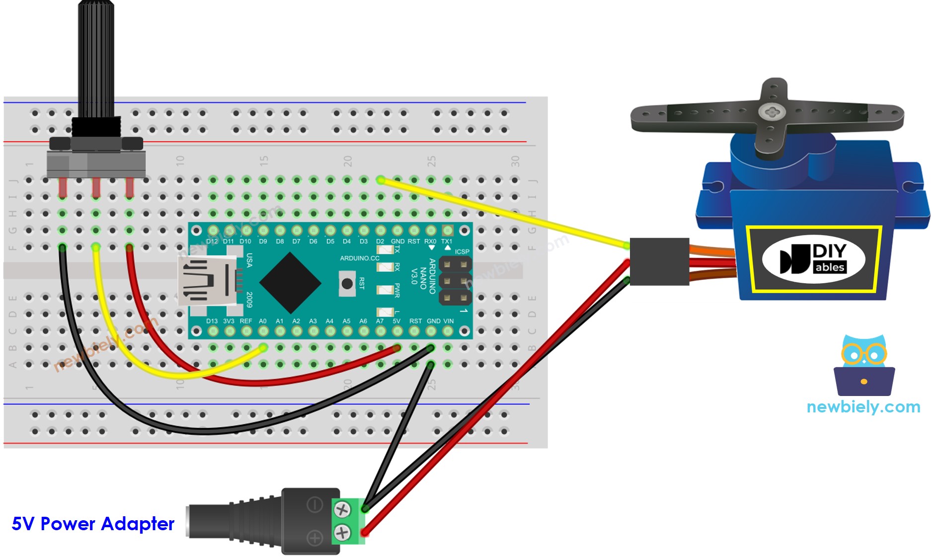 The wiring diagram between Arduino Nano and Servo Motor Potentiometer