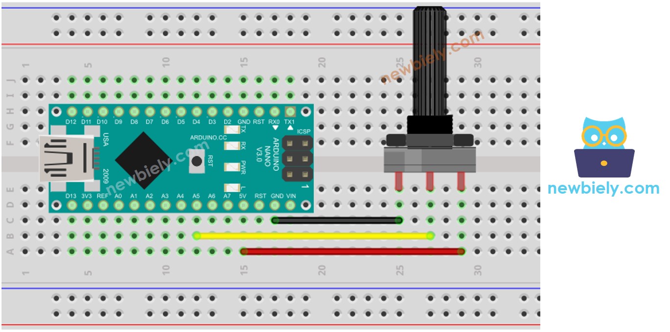The wiring diagram between Arduino Nano and Potentiometer