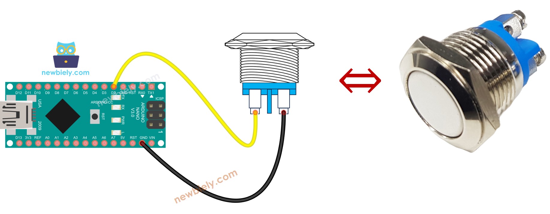 The wiring diagram between Arduino Nano and two-pin push button