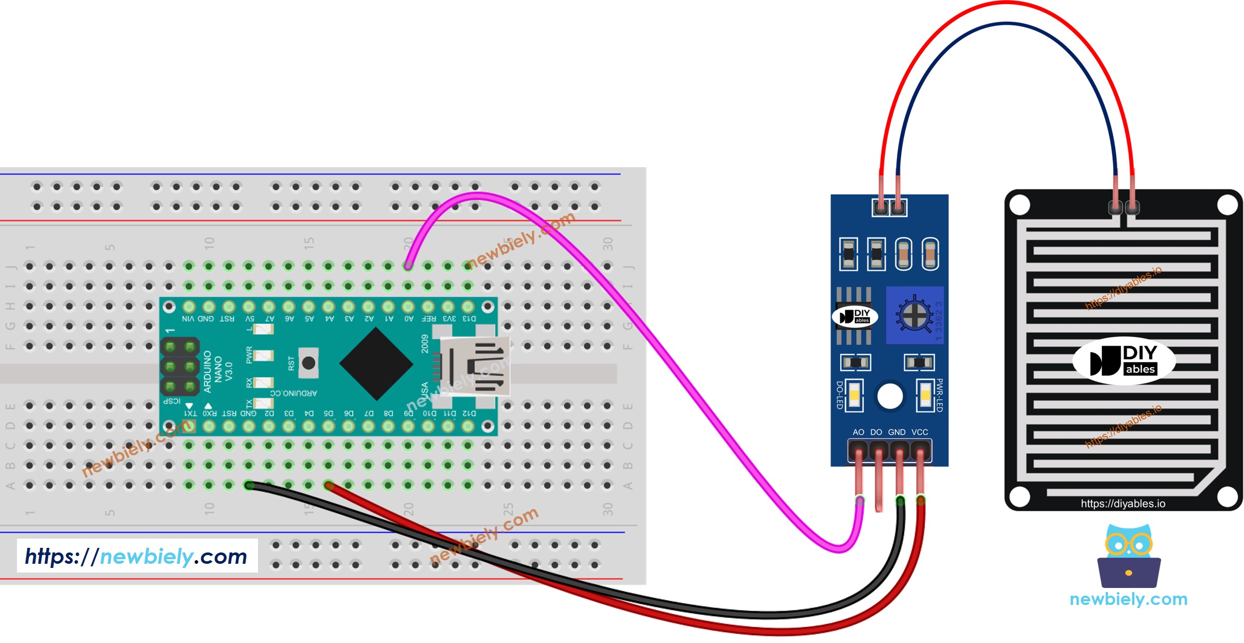 The wiring diagram between Arduino Nano and rain detection