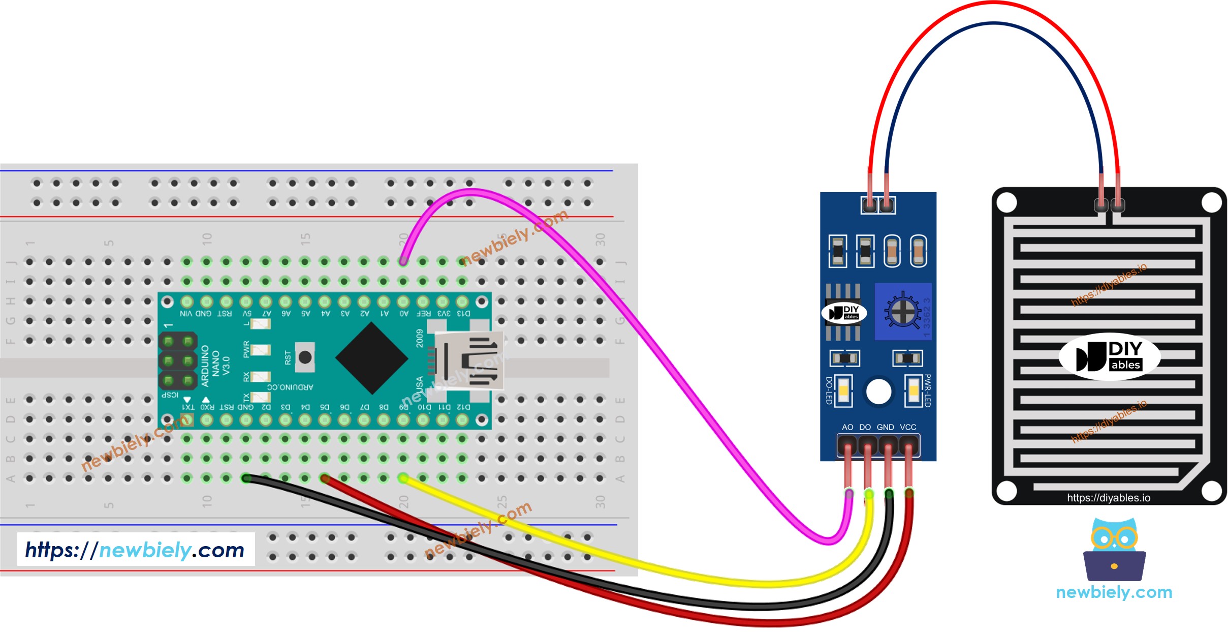 The wiring diagram between Arduino Nano and rain detector