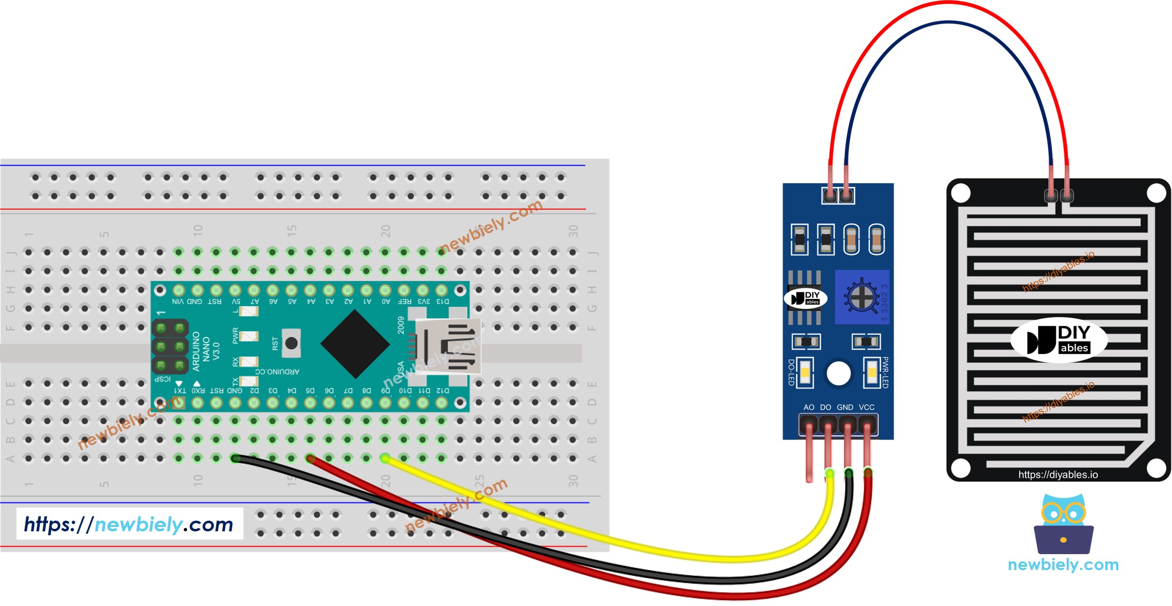 The wiring diagram between Arduino Nano and rain sensor